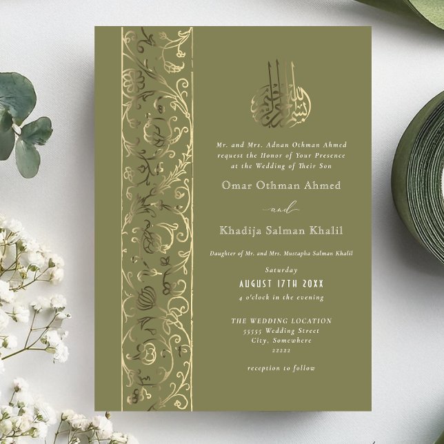 Invitation En Aluminium Floral Ornate Olive Green Gold Islamic Wedding (Créateur téléchargé)