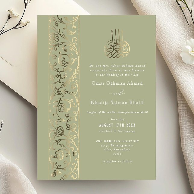 Invitation En Aluminium Floral Ornate Sage Green Gold Islamic Wedding (Créateur téléchargé)