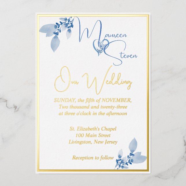 Invitation En Aluminium Floral Pastel Blue Mariage Gold (Recto)