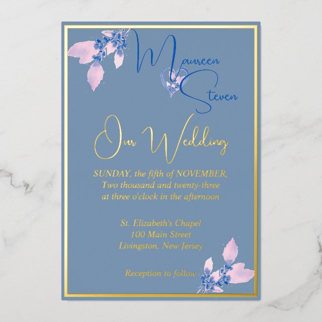 Invitation En Aluminium Floral Pays Bleu Mariage Or (Recto)