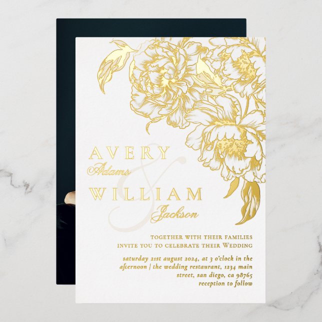 Invitation En Aluminium Floral Peonies Blanc Golden Elegant Mariage photo (Recto/Verso)