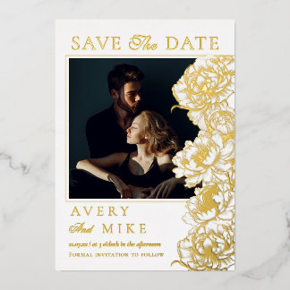 Invitation En Aluminium Floral Peonies Blanc Golden Photo Enregistrer la d