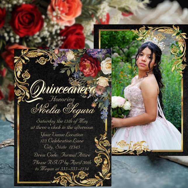 Invitation En Aluminium Floral, Photo & Gold Frame - Black Quinceanera  (Créateur téléchargé)