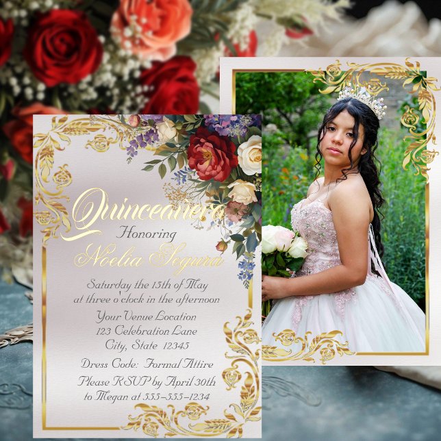 Invitation En Aluminium Floral, Photo & Gold Frame - Pearl Quinceanera  (Créateur téléchargé)