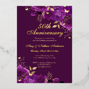 Invitation En Aluminium Floral Purple Gold 50e anniversaire Mariage