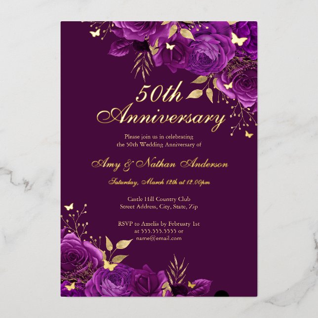 Invitation En Aluminium Floral Purple Gold 50e anniversaire Mariage (Recto)