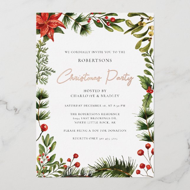 Invitation En Aluminium Floral Red Berries Noël Rose Gold (Recto)
