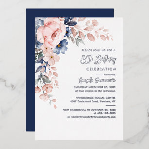 Invitation En Aluminium Floral rose 80e anniversaire fête Argent
