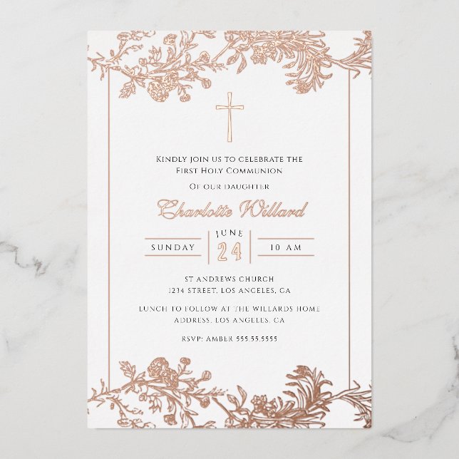 Invitation En Aluminium Floral Rose Gold Cross Girls First Communion Foil (Recto)