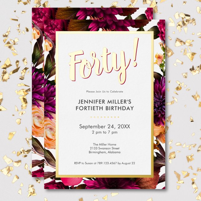 Invitation En Aluminium Floral rose & or moderne 40e anniversaire (Modern Pink & Gold Foil Floral 40th Birthday Foil Invitation)