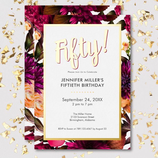 Invitation En Aluminium Floral rose & or moderne 50e anniversaire (Modern Pink & Gold Foil Floral 50th Birthday Foil Invitation)