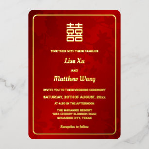 Invitation En Aluminium Floral Rouge or Mariage chinois