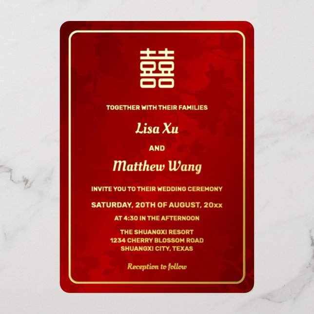 Invitation En Aluminium Floral Rouge or Mariage chinois (Recto)