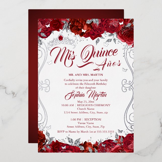 Invitation En Aluminium Floral Ruby Argent Rouge Mis Quince Quinceanera (Recto/Verso)