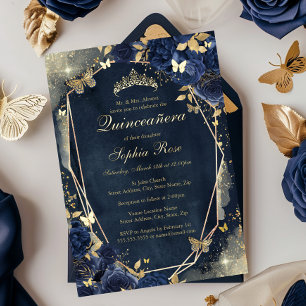 Invitation En Aluminium Floral Sparkle Butterfly Marine Gold Quinceanera