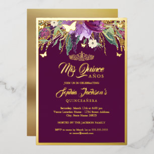 Invitation En Aluminium Floral Sparkling Amethyst Quinceanera Anniversaire