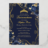 Floral Swirl Navy Gold Butterfly Quinceanera