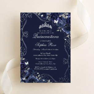 Invitation En Aluminium Floral Swirl Navy Silver Butterfly Quinceanera