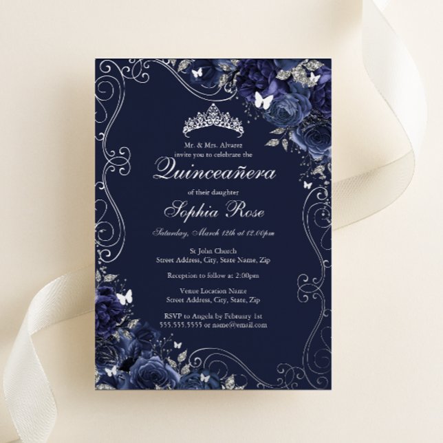 Invitation En Aluminium Floral Swirl Navy Silver Butterfly Quinceanera (Créateur téléchargé)