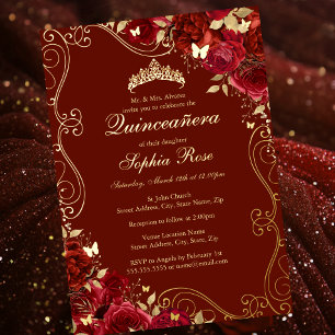 Invitation En Aluminium Floral Swirl Red Gold Butterfly Quinceanera