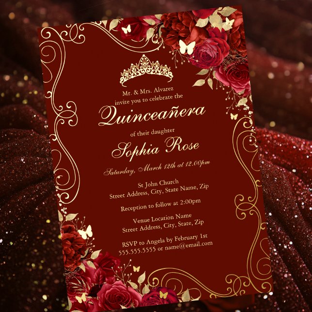 Invitation En Aluminium Floral Swirl Red Gold Butterfly Quinceanera (Créateur téléchargé)