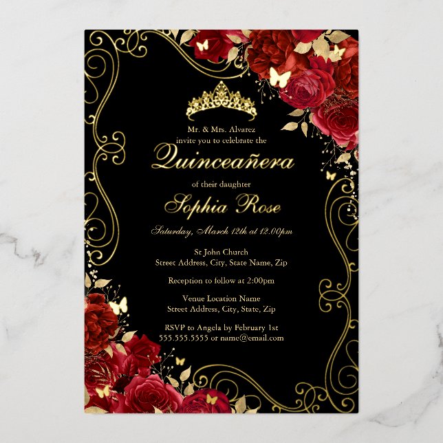 Invitation En Aluminium Floral Swirl Rouge Or Noir Papillon noir Quinceane (Recto)