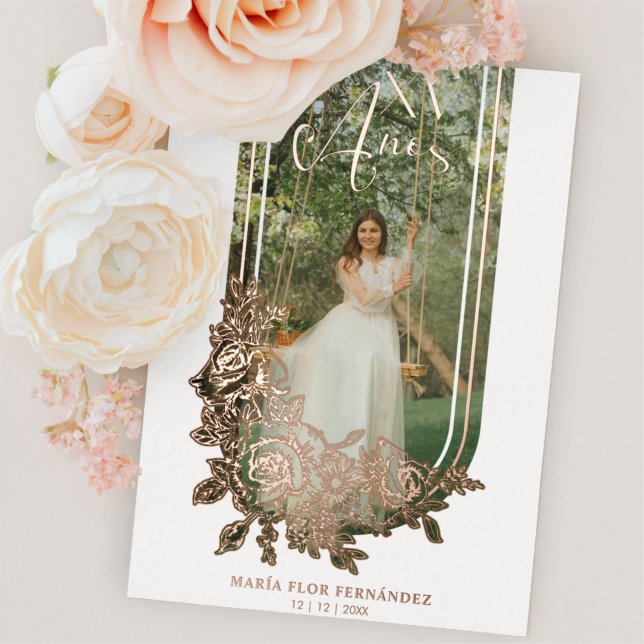 Invitation En Aluminium Floral tendance espagnole de luxe Mis XV Años Phot (Créateur téléchargé)