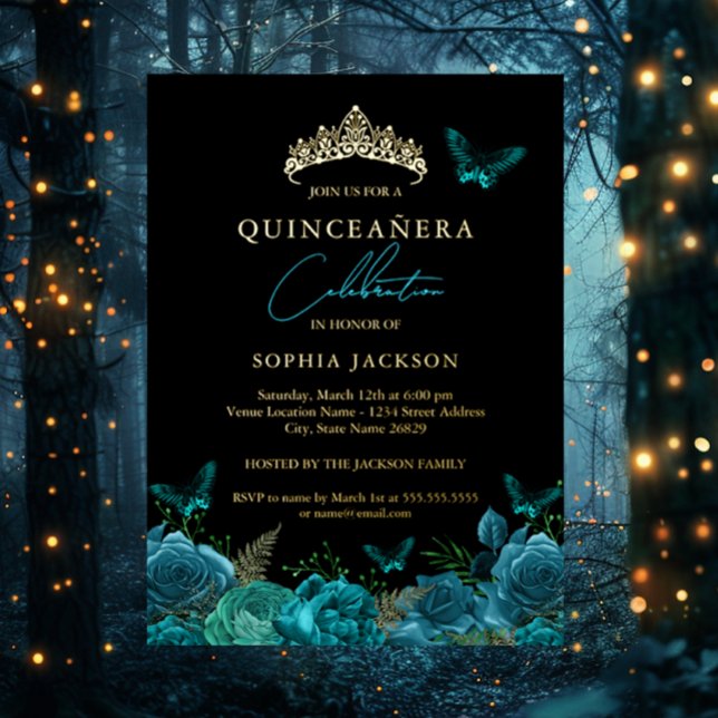 Invitation En Aluminium Floral Turquoise Bleu Papillon Tiara Quinceanera (Créateur téléchargé)