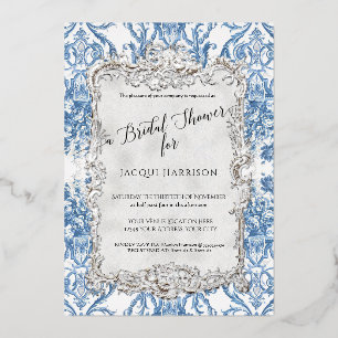 Invitation En Aluminium Floral Vintage Elegant Bleu Fête des mariées argen