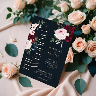 Invitation En Aluminium Flore d'aquarelle classique en Bourgogne et marine