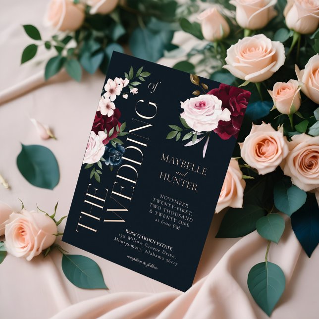 Invitation En Aluminium Flore d'aquarelle classique en Bourgogne et marine (Classy Bold Burgundy & Navy Watercolor Florals Foil Invitation)