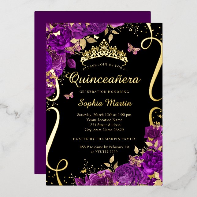 Invitation En Aluminium Flore Papillon Défilé Violet noir Quinceanera (Recto/Verso)
