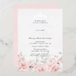 Invitation En Aluminium Flore rose vif Tiara Quinceanera
