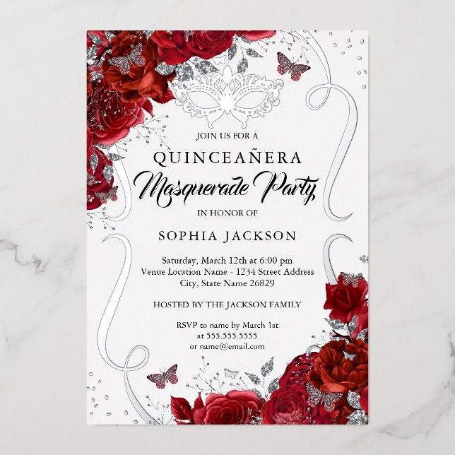 Invitation En Aluminium Flore rouge Argent Scroll Masquerade Quinceanera (Recto)