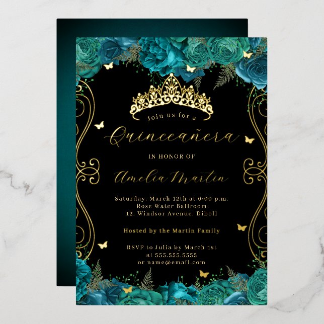 Invitation En Aluminium Flore Turquoise or noir Scroll Quinceanera (Recto/Verso)