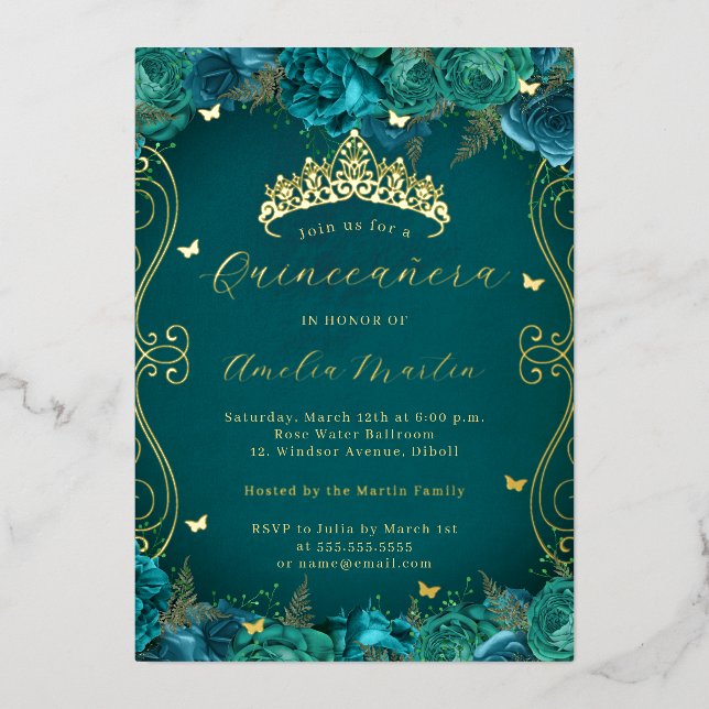 Invitation En Aluminium Flore Turquoise or Scroll Quinceanera (Recto)