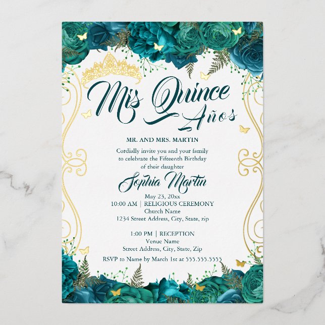 Invitation En Aluminium Flore turquoise Scroll Mis Quince Quinceanera (Recto)