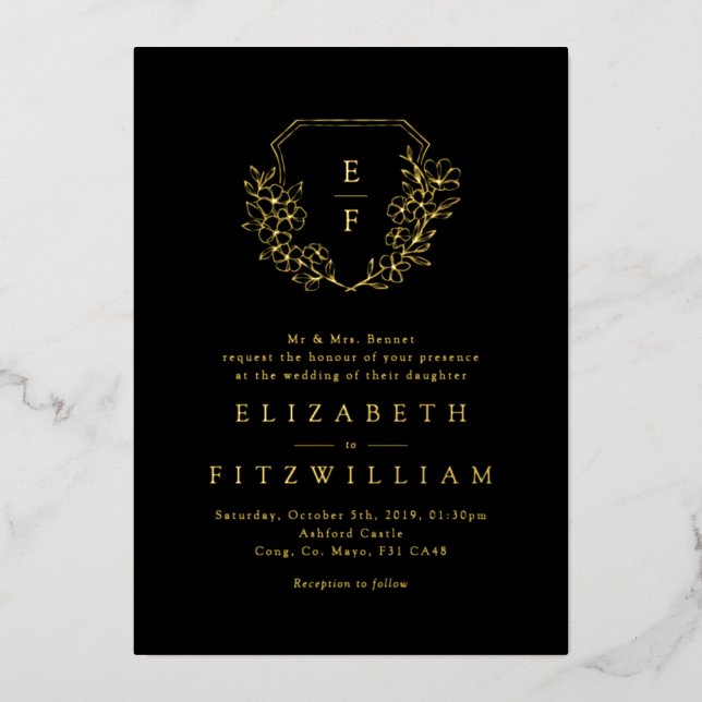 Invitation En Aluminium Flores de cerisier d'huile d'or Monogram Crest Bla (Recto)