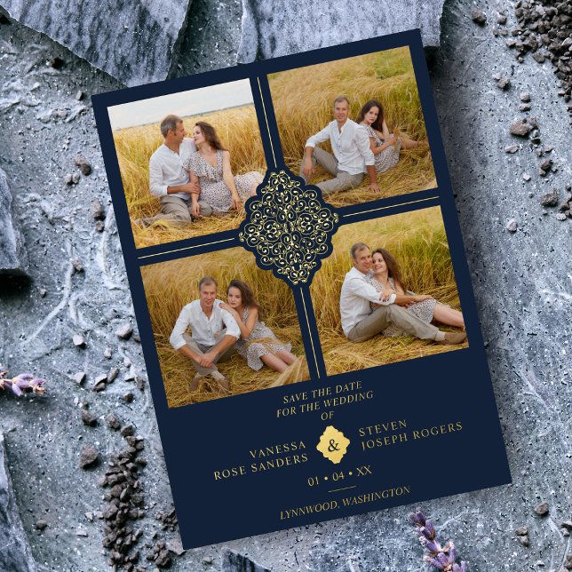 Invitation En Aluminium Flourish Navy Gold 4 Photos Classic Filigree (Créateur téléchargé)