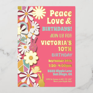 Invitation En Aluminium Flower Power Hippie fête d'anniversaire Foil Invit