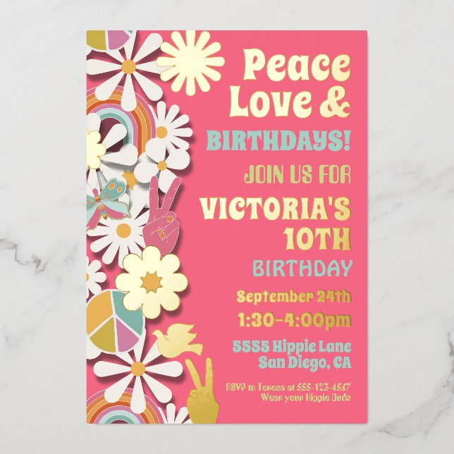 Invitation En Aluminium Flower Power Hippie fête d'anniversaire Foil Invit (Recto)