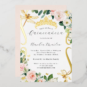 Invitation En Aluminium Flush Gold Flore Dragonfly Scroll Quinceanera