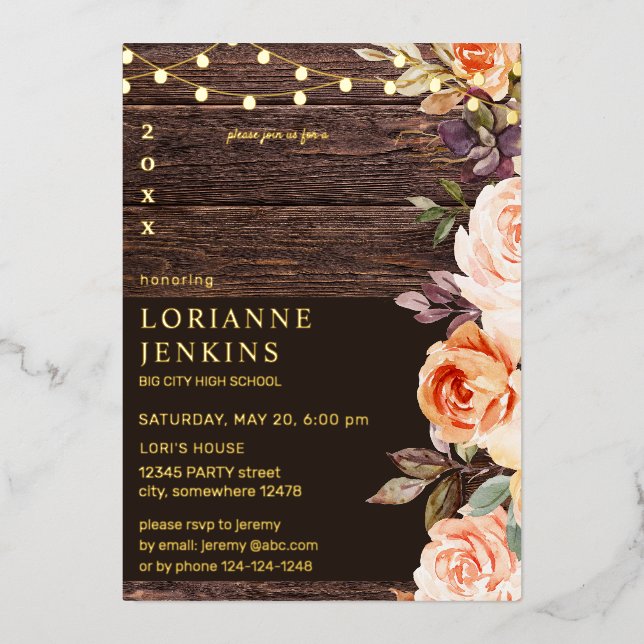 Invitation En Aluminium Flush & Peach Floral Rustic Graduation v2 Complet (Recto)