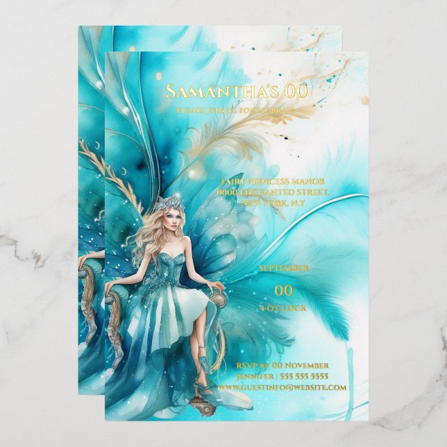 Invitation En Aluminium Foil aquarelle princesse turquoise or fleuri (Recto/Verso)
