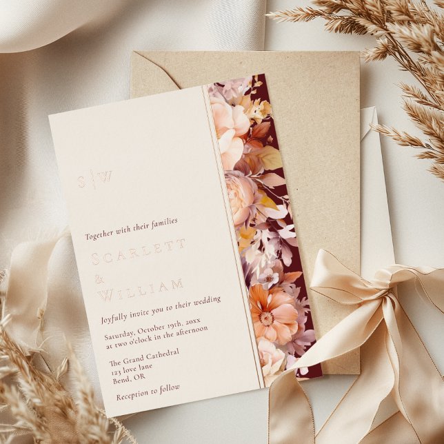 Invitation En Aluminium FOIL Automne Bourgogne Crème Moderne Monogramme Ma (Créateur téléchargé)