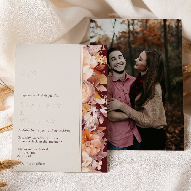 Invitation En Aluminium FOIL Automne Floral Bourgogne Monogramme Photo Mar (Créateur téléchargé)