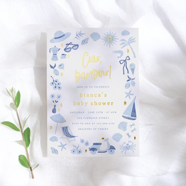 Invitation En Aluminium Foil Ciao Bambino Italian Blue Boy Baby Shower (Créateur téléchargé)