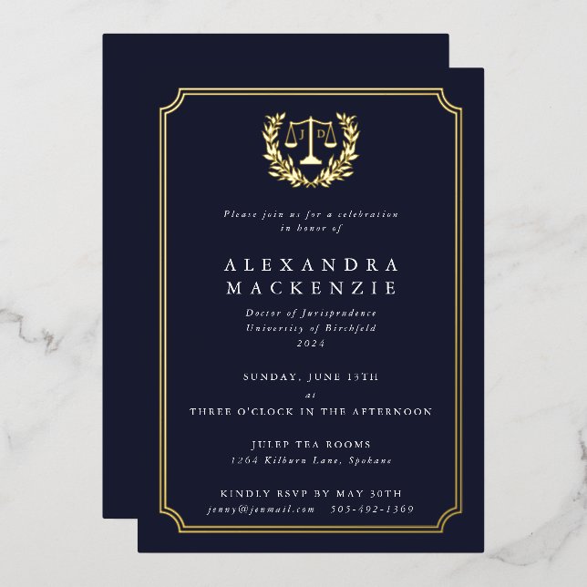 Invitation En Aluminium Foil+Dark Navy JD Law School Graduation Party (Recto/Verso)