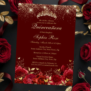 Invitation En Aluminium Foil Gold Rouge Floral Papillon Tiara Quinceanera