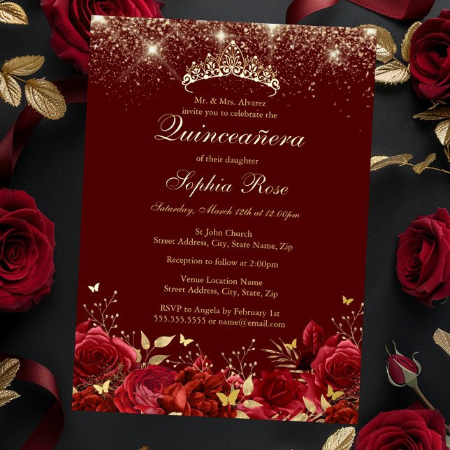 Invitation En Aluminium Foil Gold Rouge Floral Papillon Tiara Quinceanera (Créateur téléchargé)
